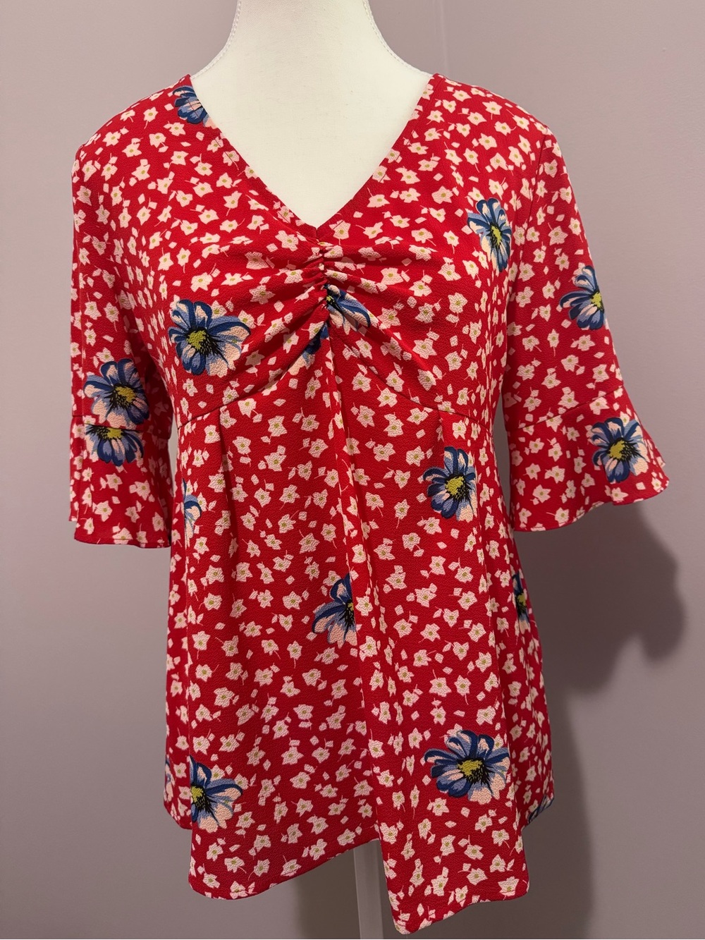 TopShop Red Floral Twist-Front Women's Top
